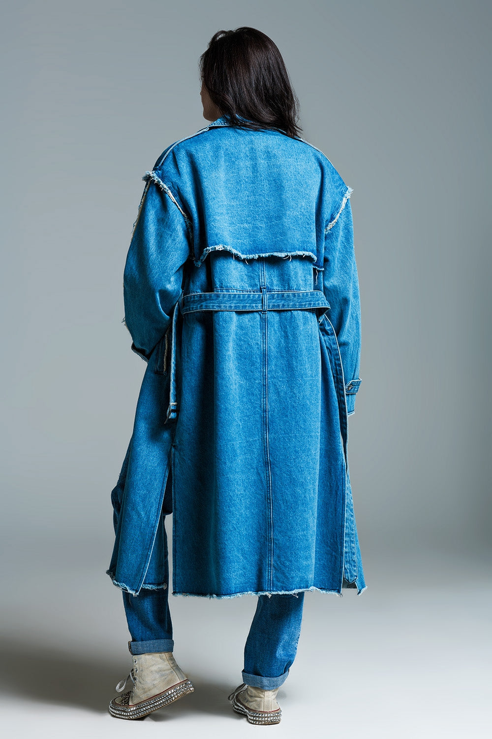 Demin Trench Coat With Belt and Raw Edges in Mid Wash
