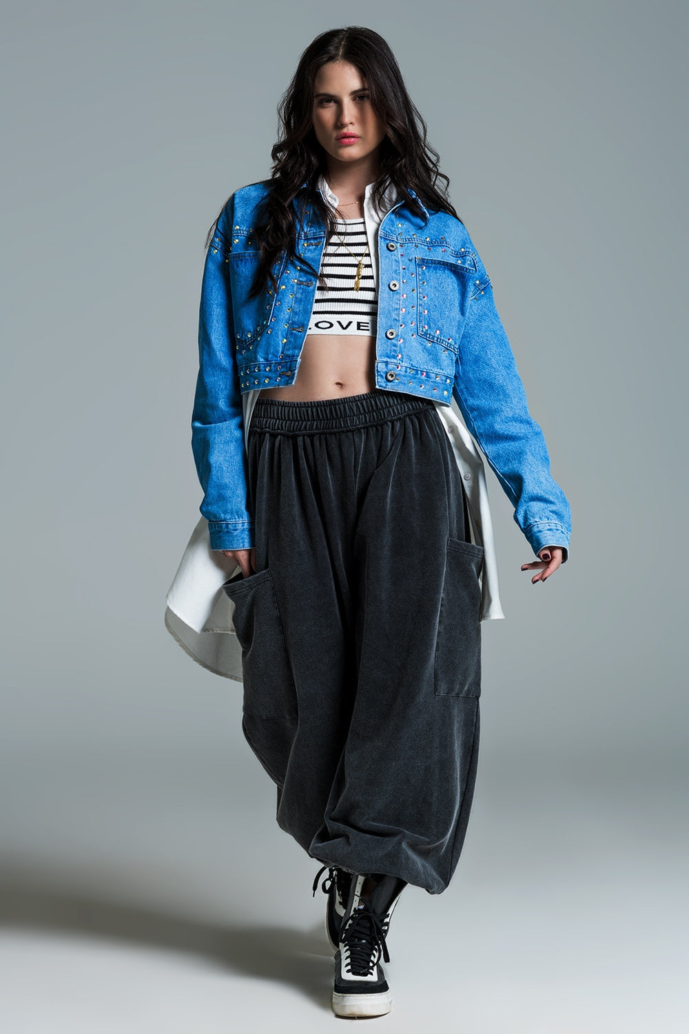 Denim Cropped Jacket in Blue With Studs and Chest Pockets