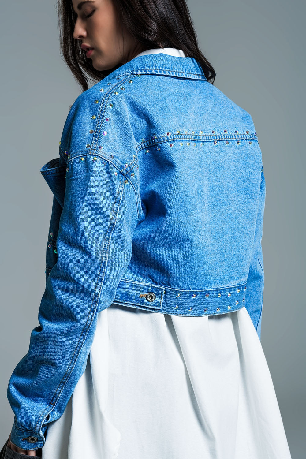 Denim Cropped Jacket in Blue With Studs and Chest Pockets