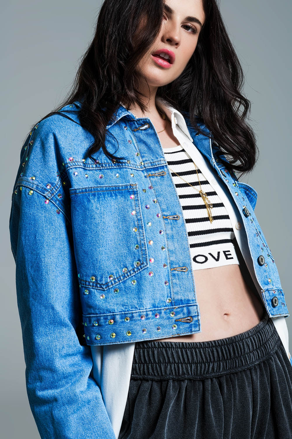 Denim Cropped Jacket in Blue With Studs and Chest Pockets