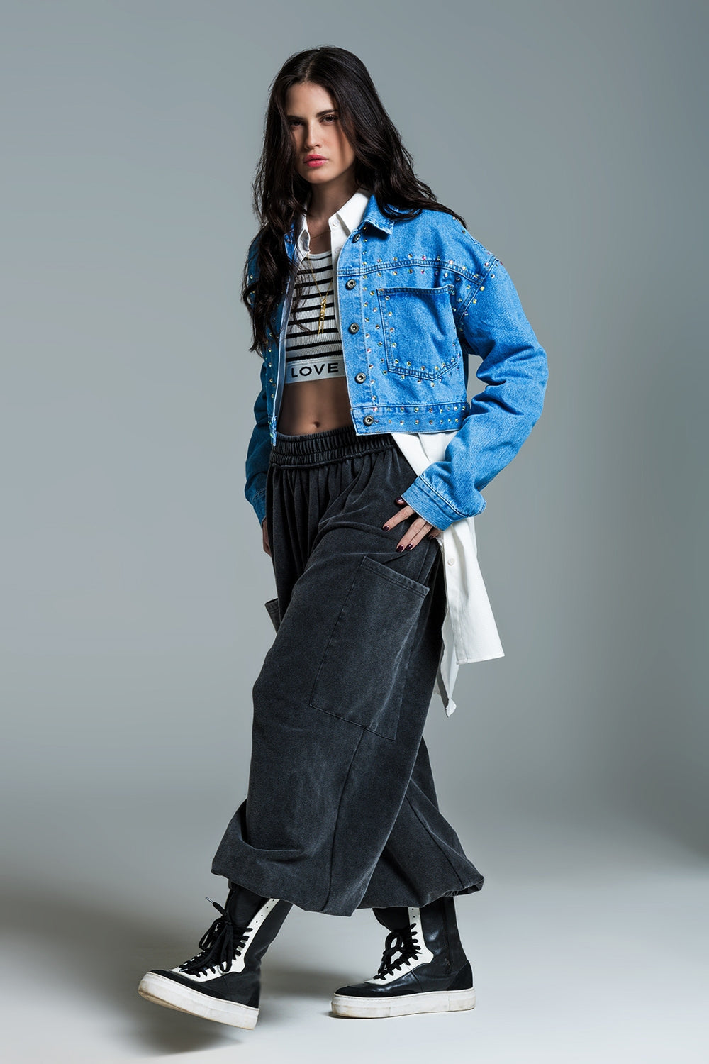 Denim Cropped Jacket in Blue With Studs and Chest Pockets