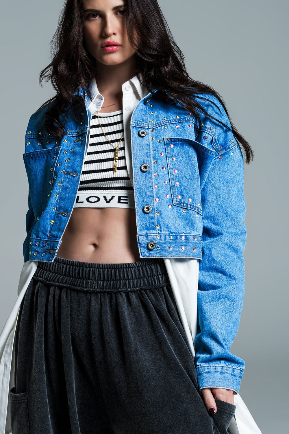 Denim Cropped Jacket in Blue With Studs and Chest Pockets