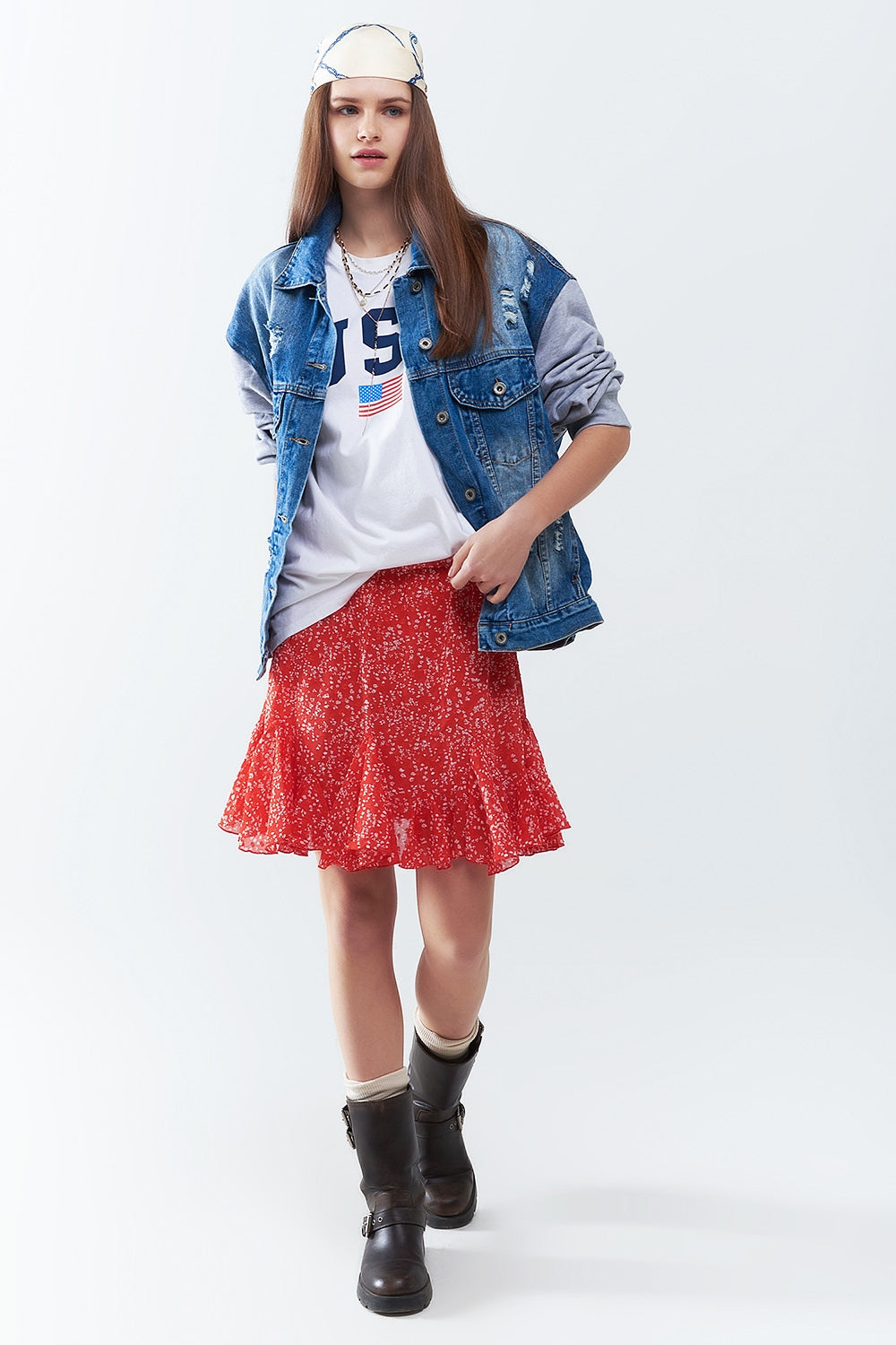 Denim Jacket With Jogging Fabric Sleeves