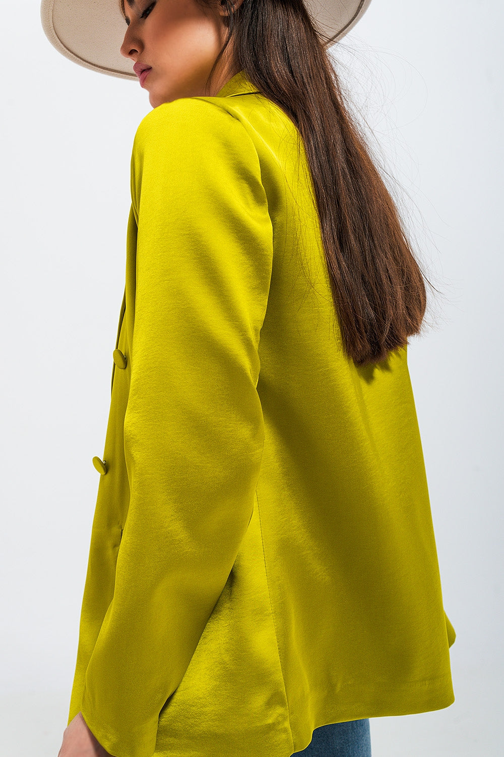 Double Breasted Satin Blazer in Lime Green
