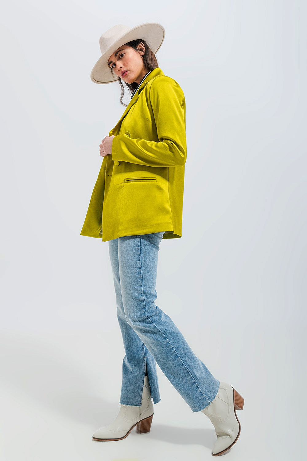 Double Breasted Satin Blazer in Lime Green