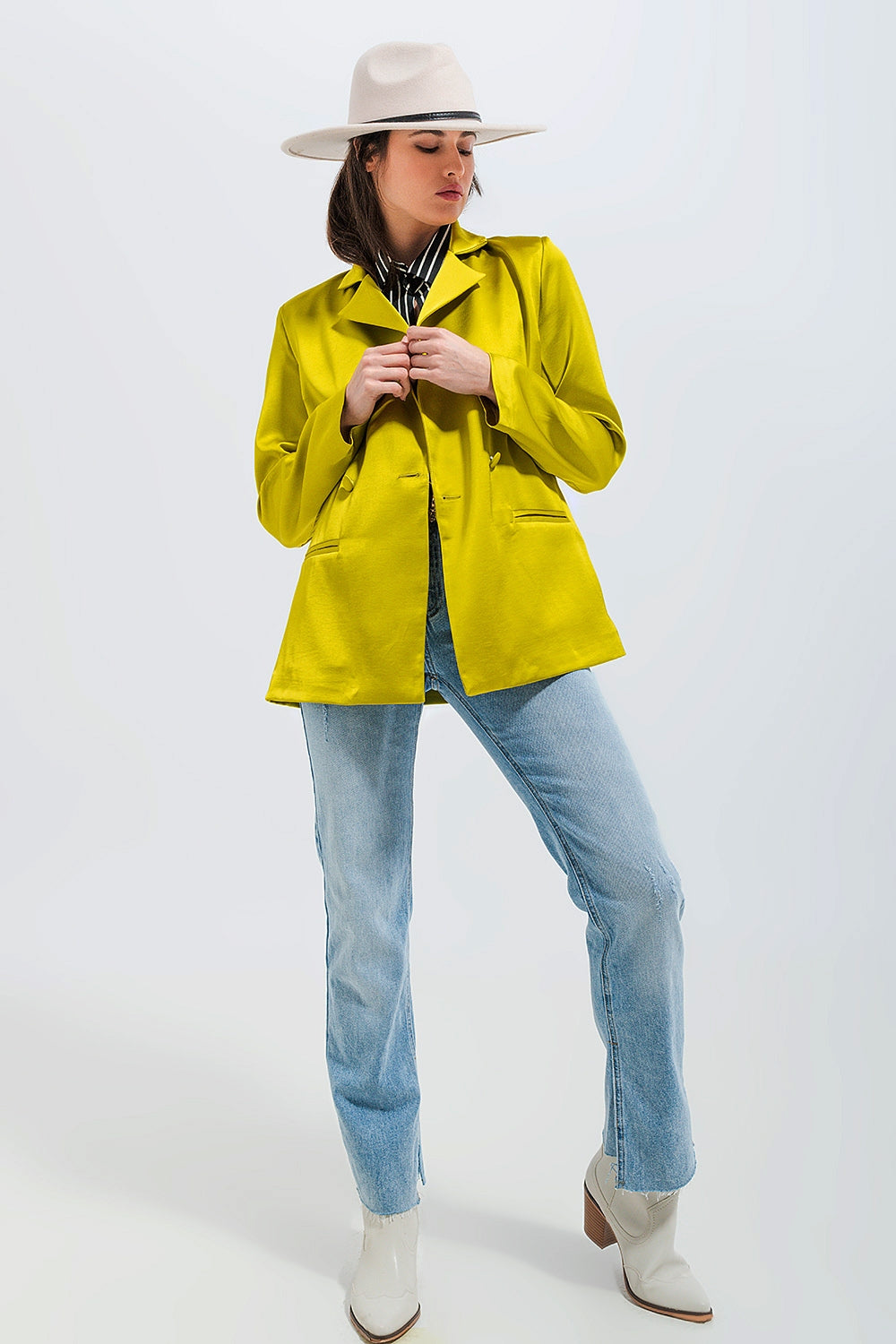 Double Breasted Satin Blazer in Lime Green