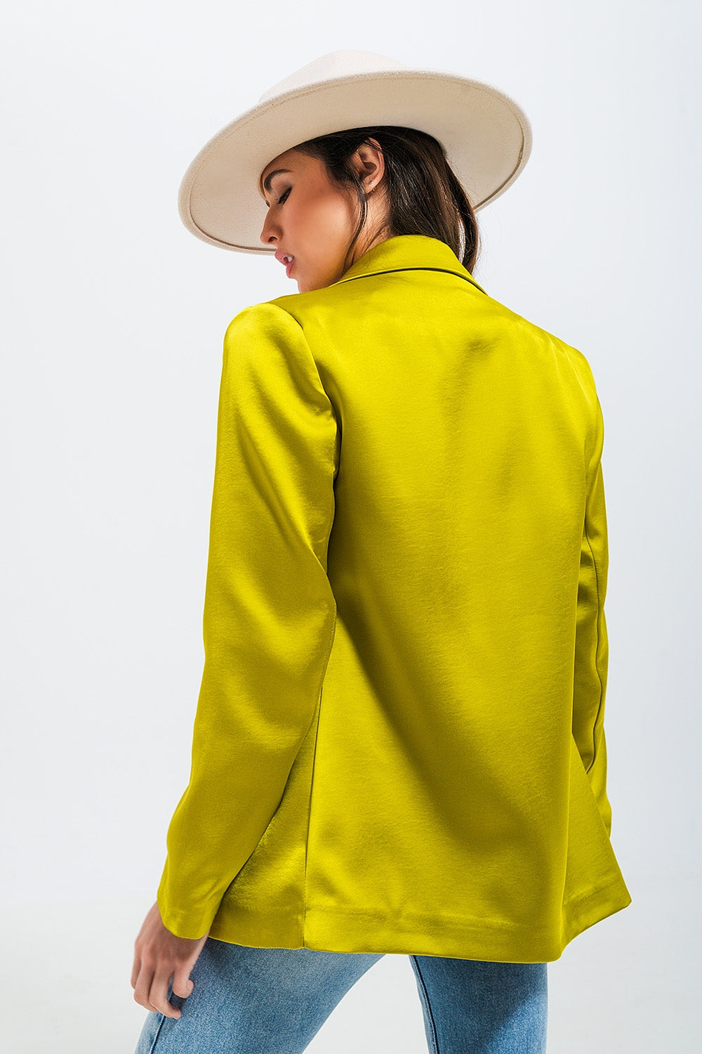 Double Breasted Satin Blazer in Lime Green
