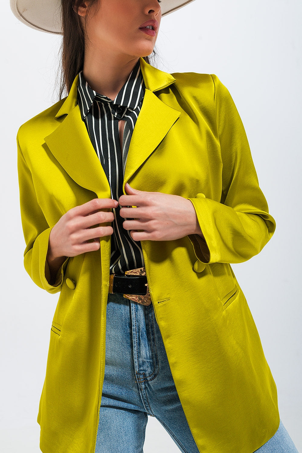 Double Breasted Satin Blazer in Lime Green