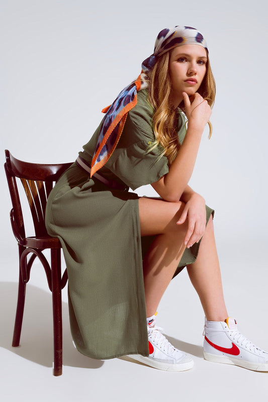 Khaki Midi Button Down Dress With Short Sleeves and Matching Belt