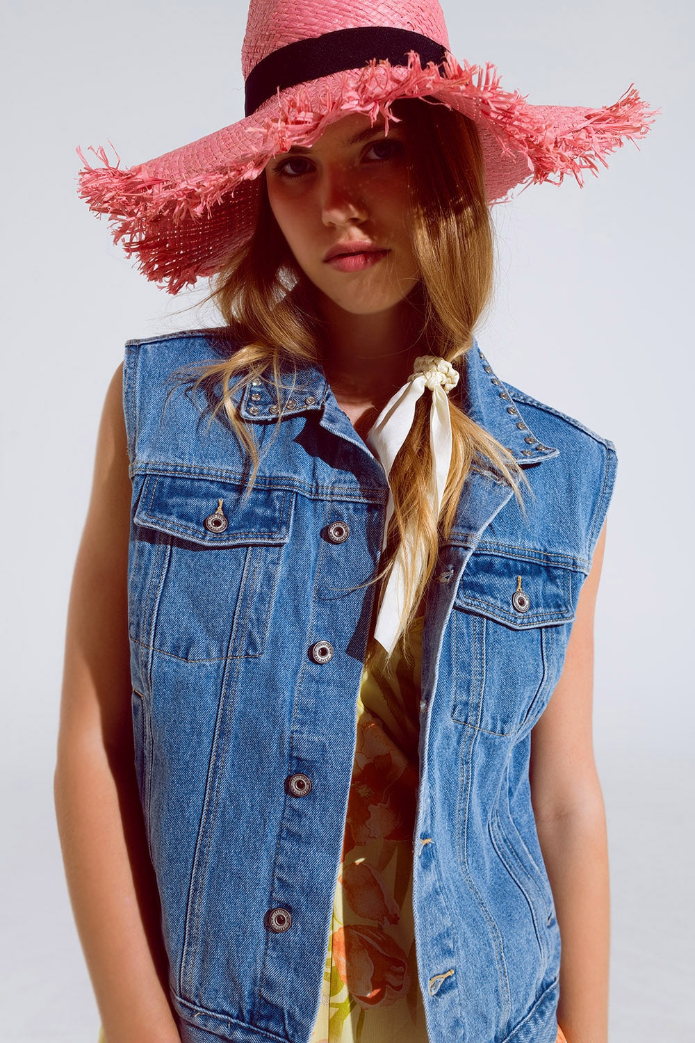 Light Wash Denim Vest With Rhinestone Detail on the Collar