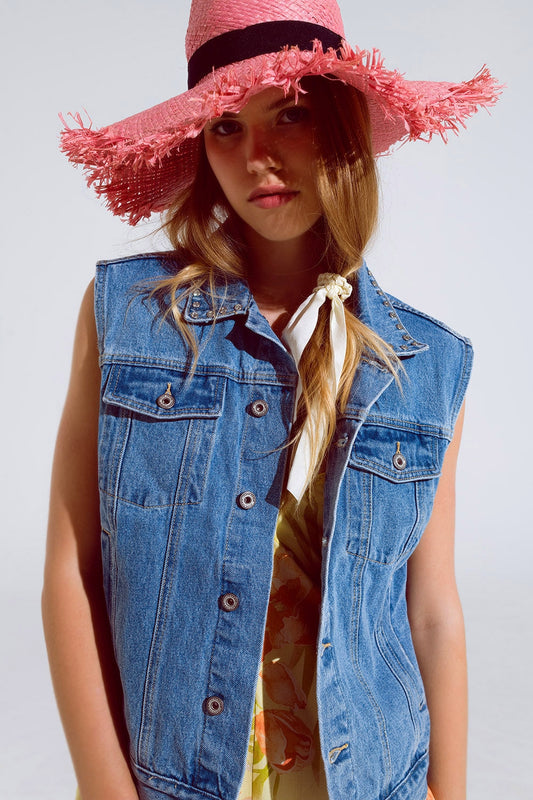 Light Wash Denim Vest With Rhinestone Detail on the Collar