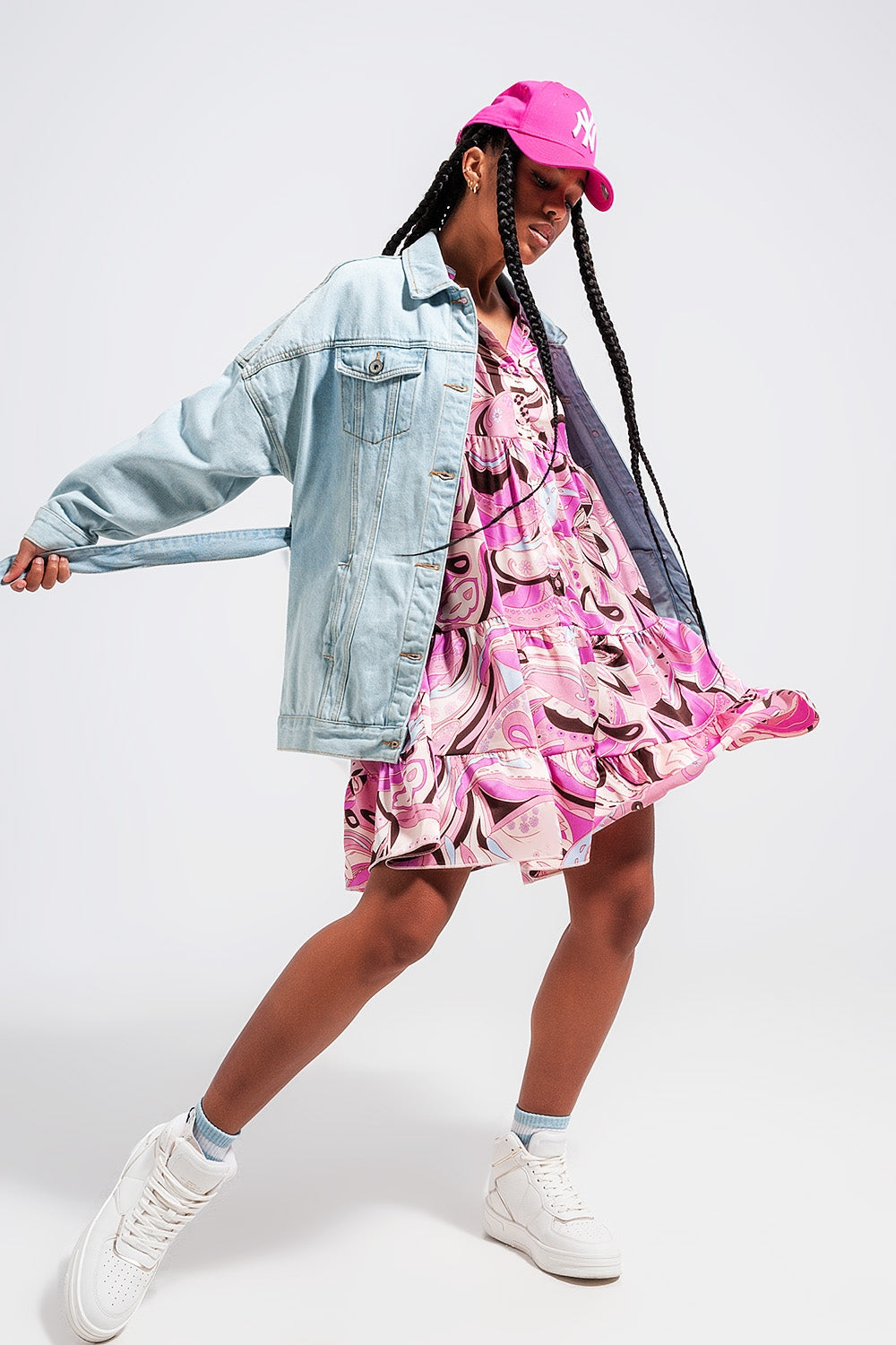 Longline Denim Jacket With Belt in Light Blue Wash