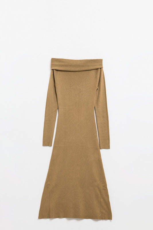 Maxi Knitted Wide Bardot Dress in Camel