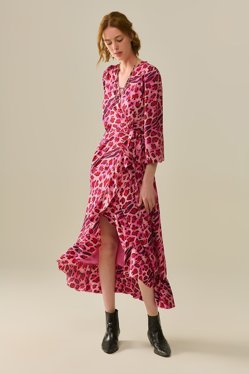 Maxi Wrap Dress in Satin Fuchsia Leopard Print