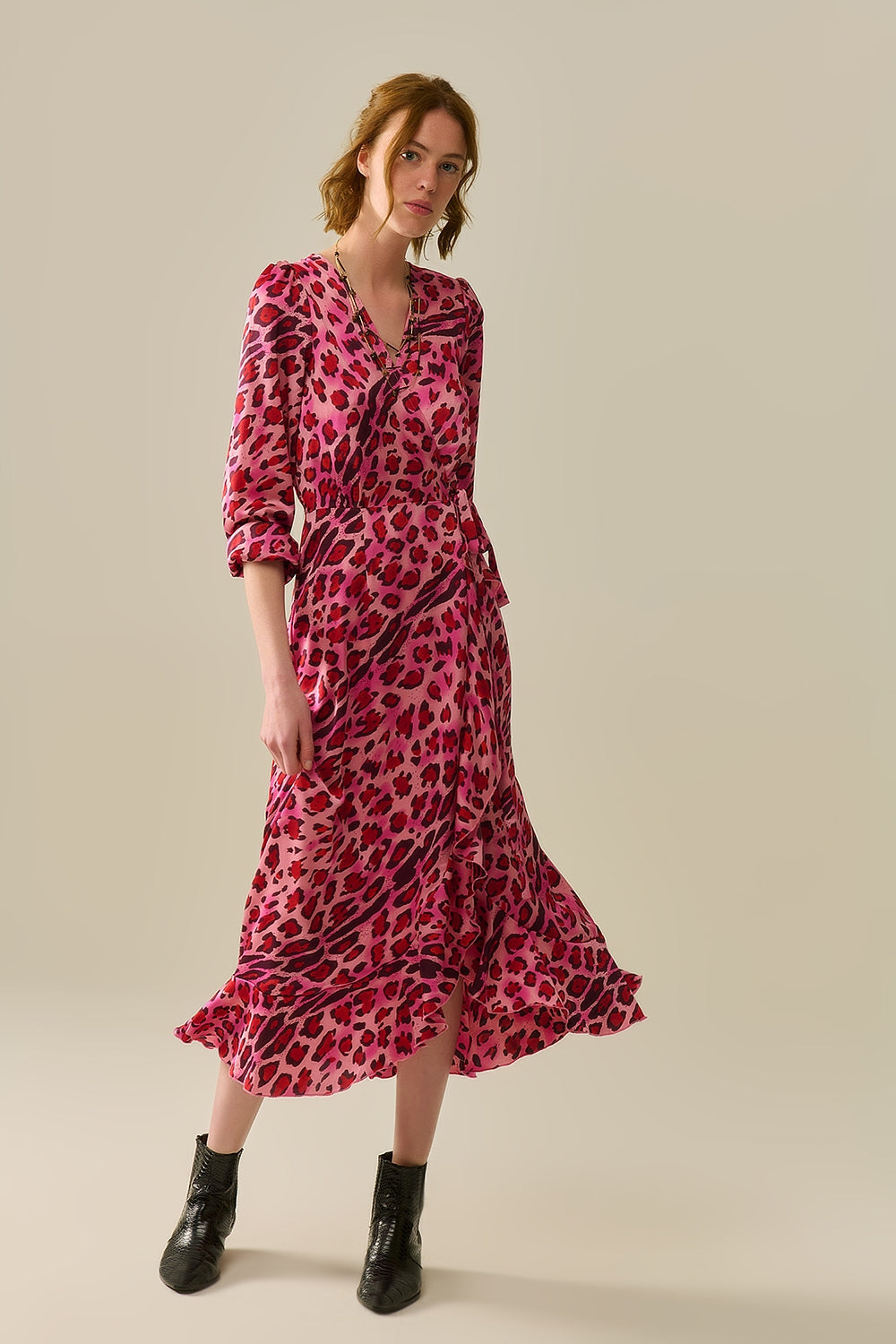 Maxi Wrap Dress in Satin Fuchsia Leopard Print