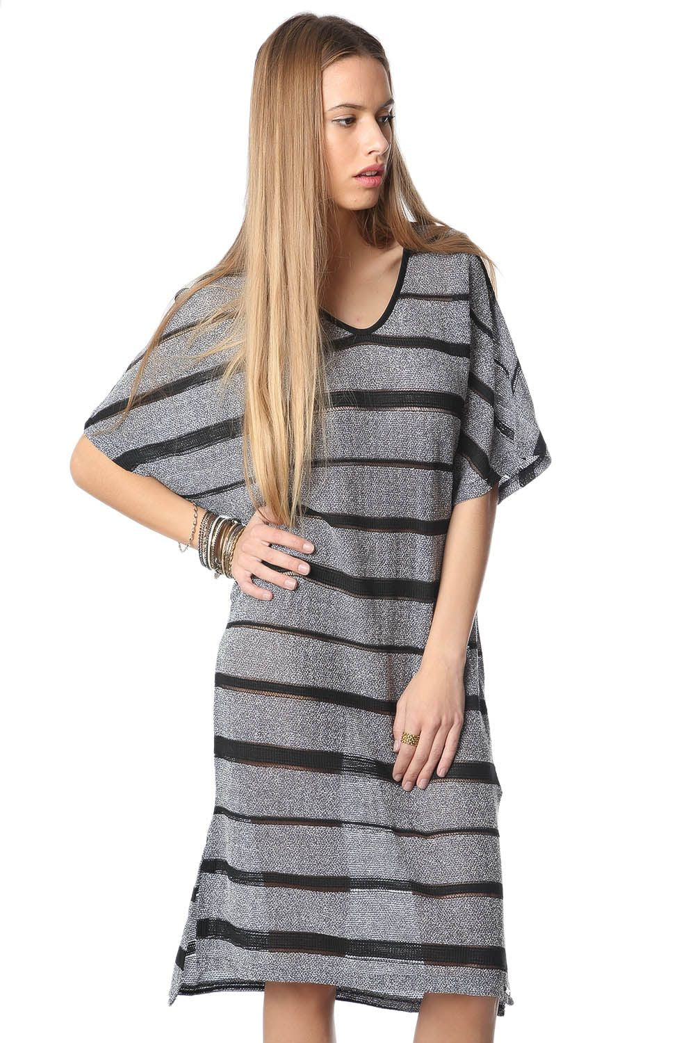 Navy Blue Stripe Dress With Cage Detail