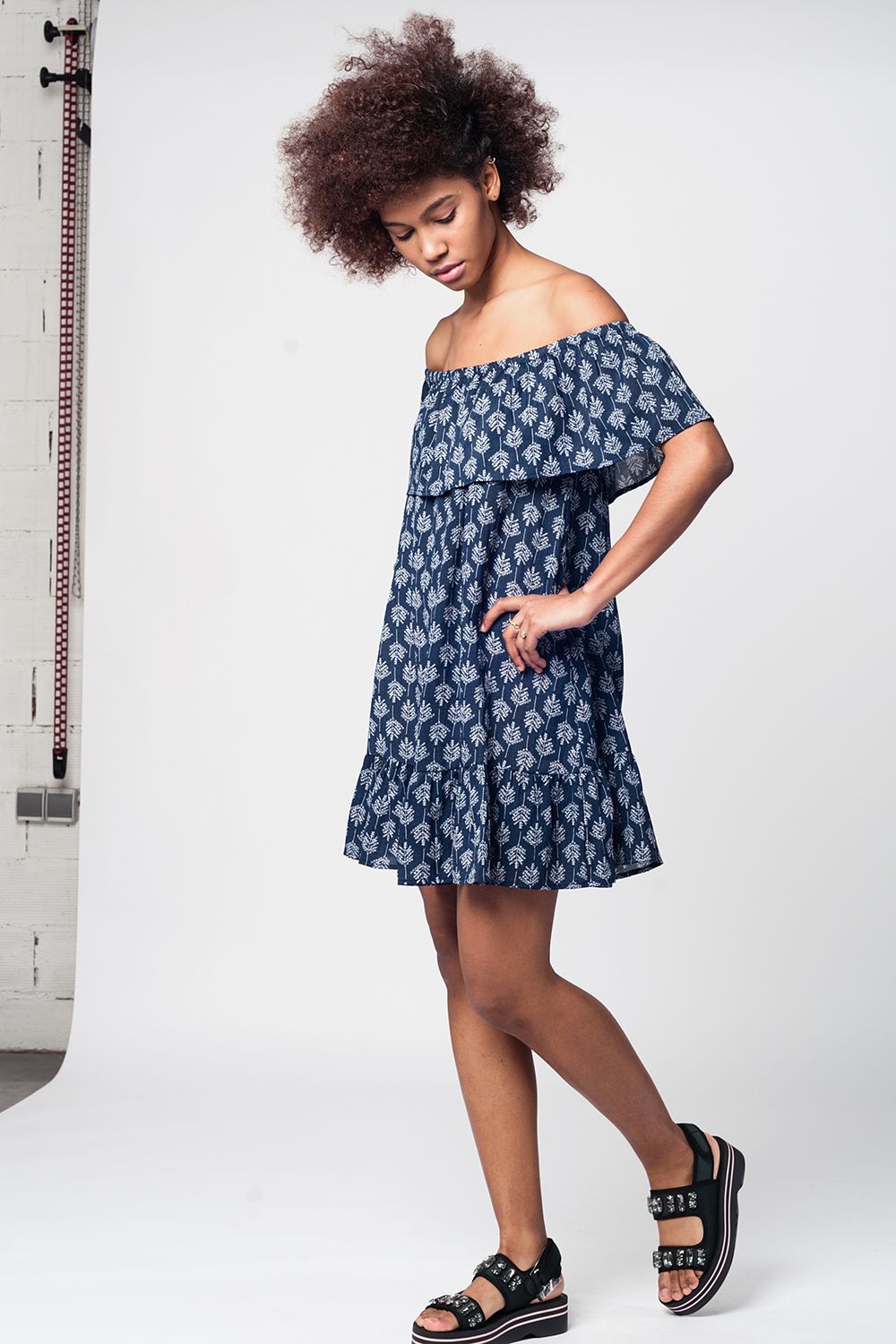 Navy Off Shoulder Midi Beach Dress