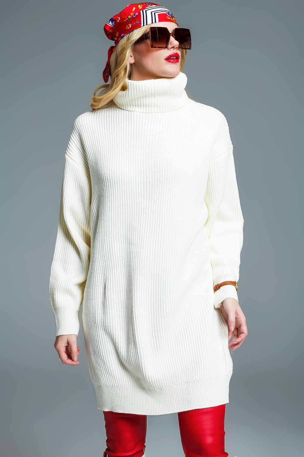 Oversized Ribbed Knit Dress With Turtle Neck in Cream