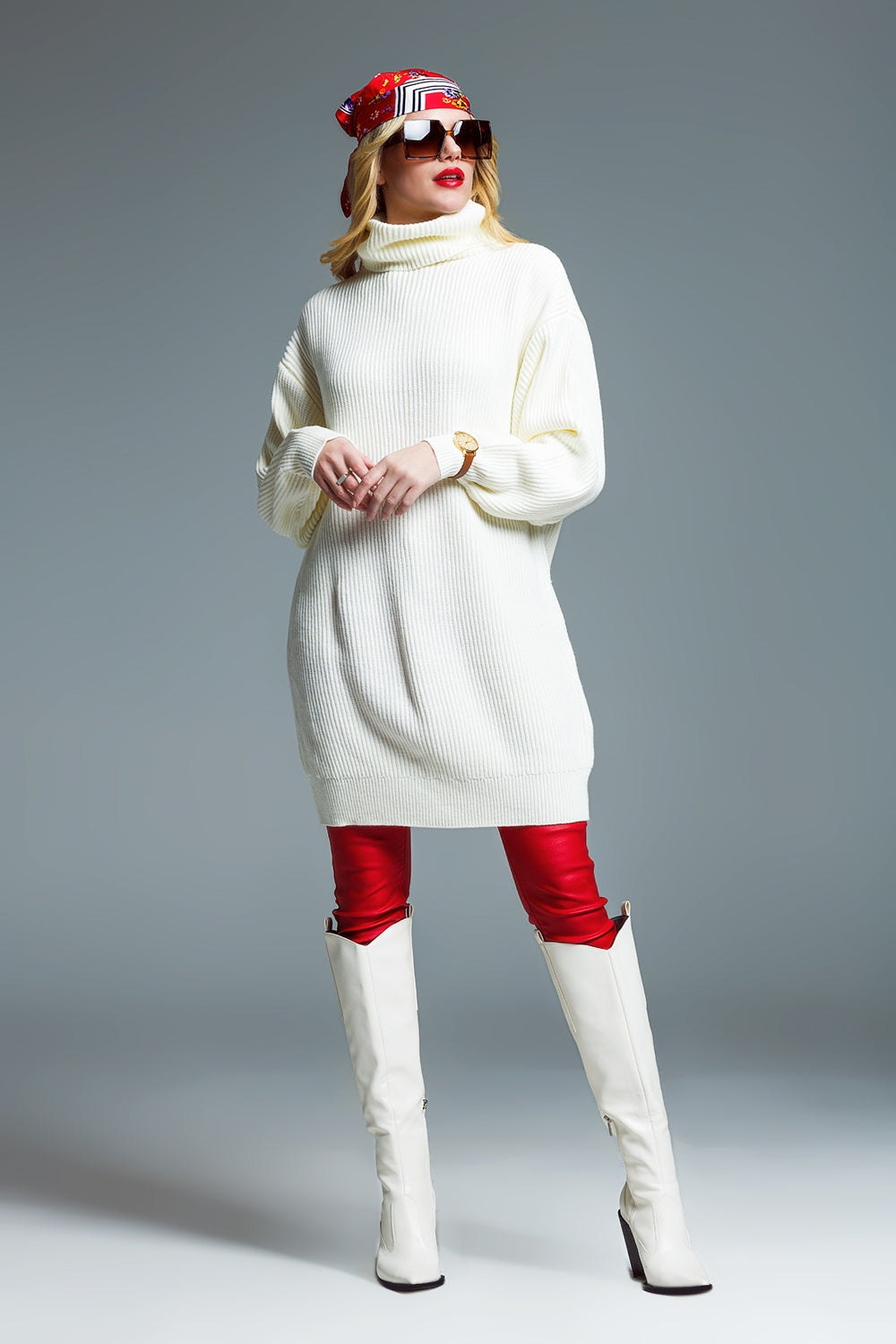 Oversized Ribbed Knit Dress With Turtle Neck in Cream