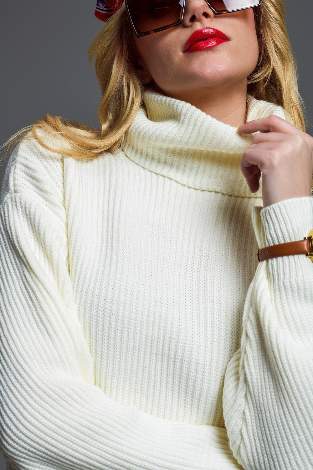 Oversized Ribbed Knit Dress With Turtle Neck in Cream