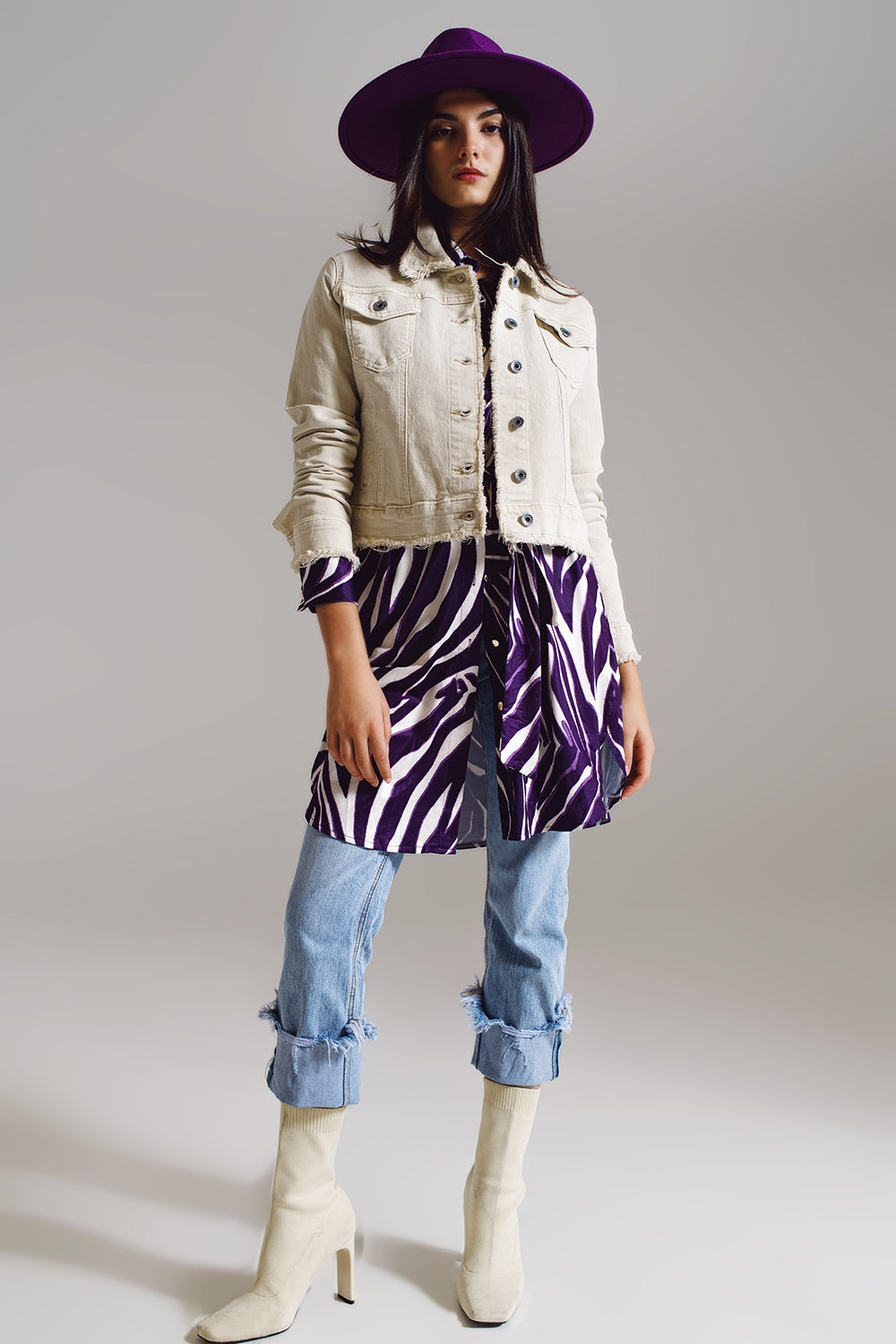 Raw Edge Denim Jacket in Beige