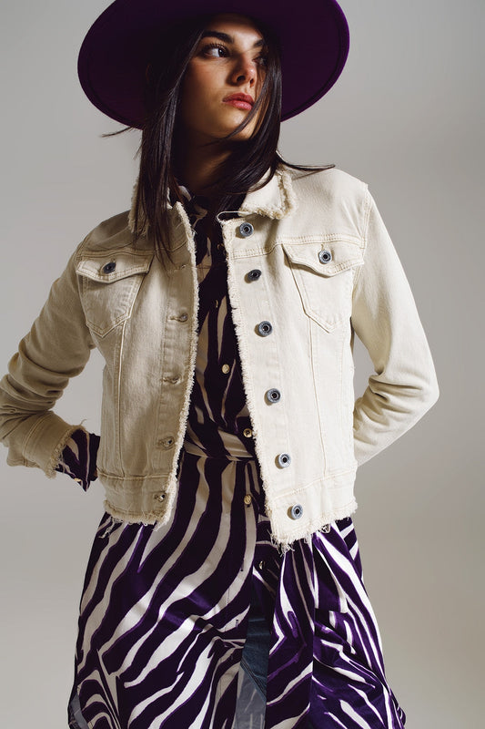 Raw Edge Denim Jacket in Beige