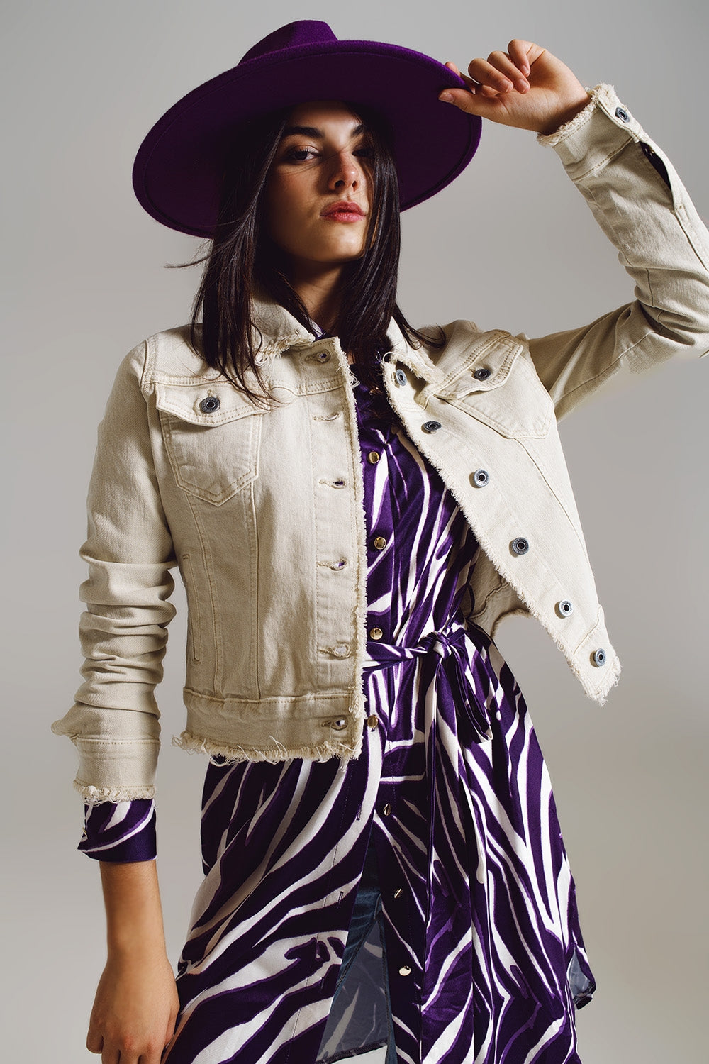 Raw Edge Denim Jacket in Beige