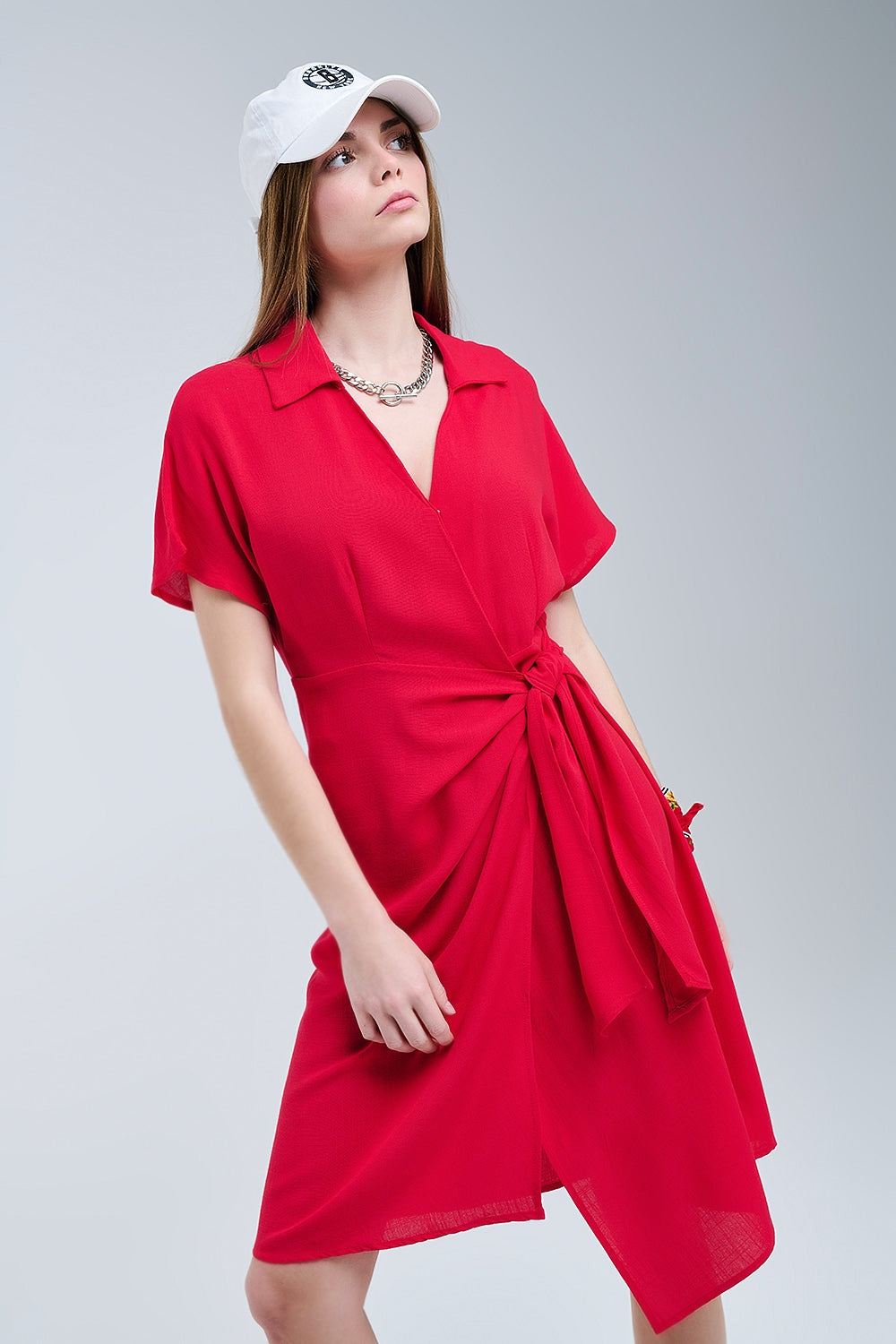 Red Midi Dress With Bow at the Side