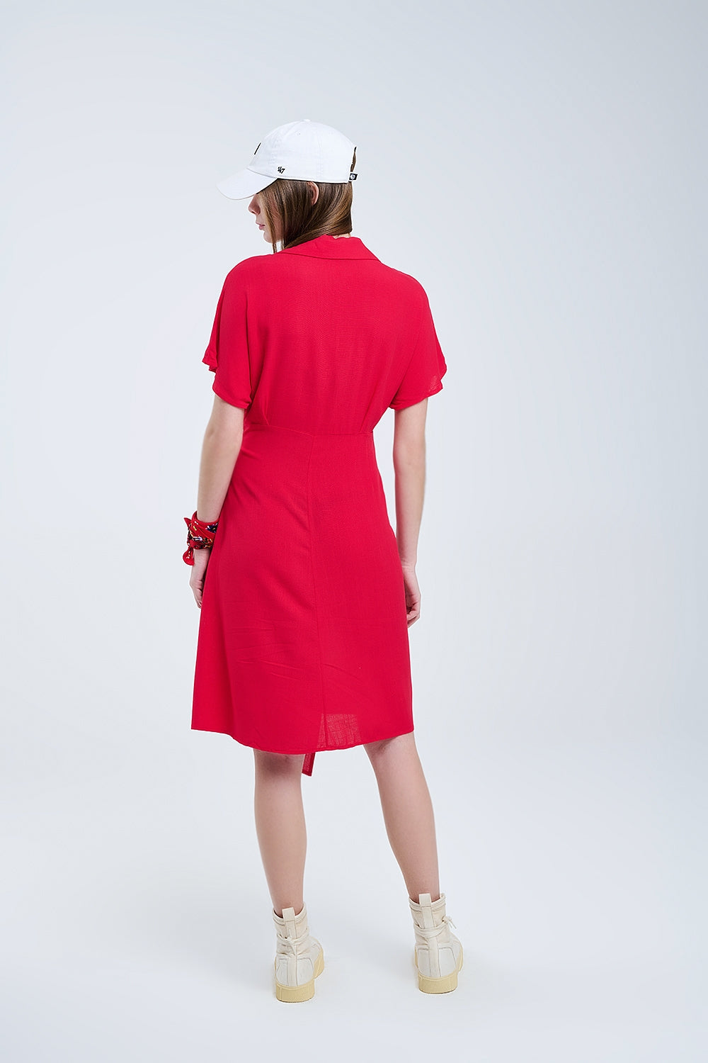Red Midi Dress With Bow at the Side