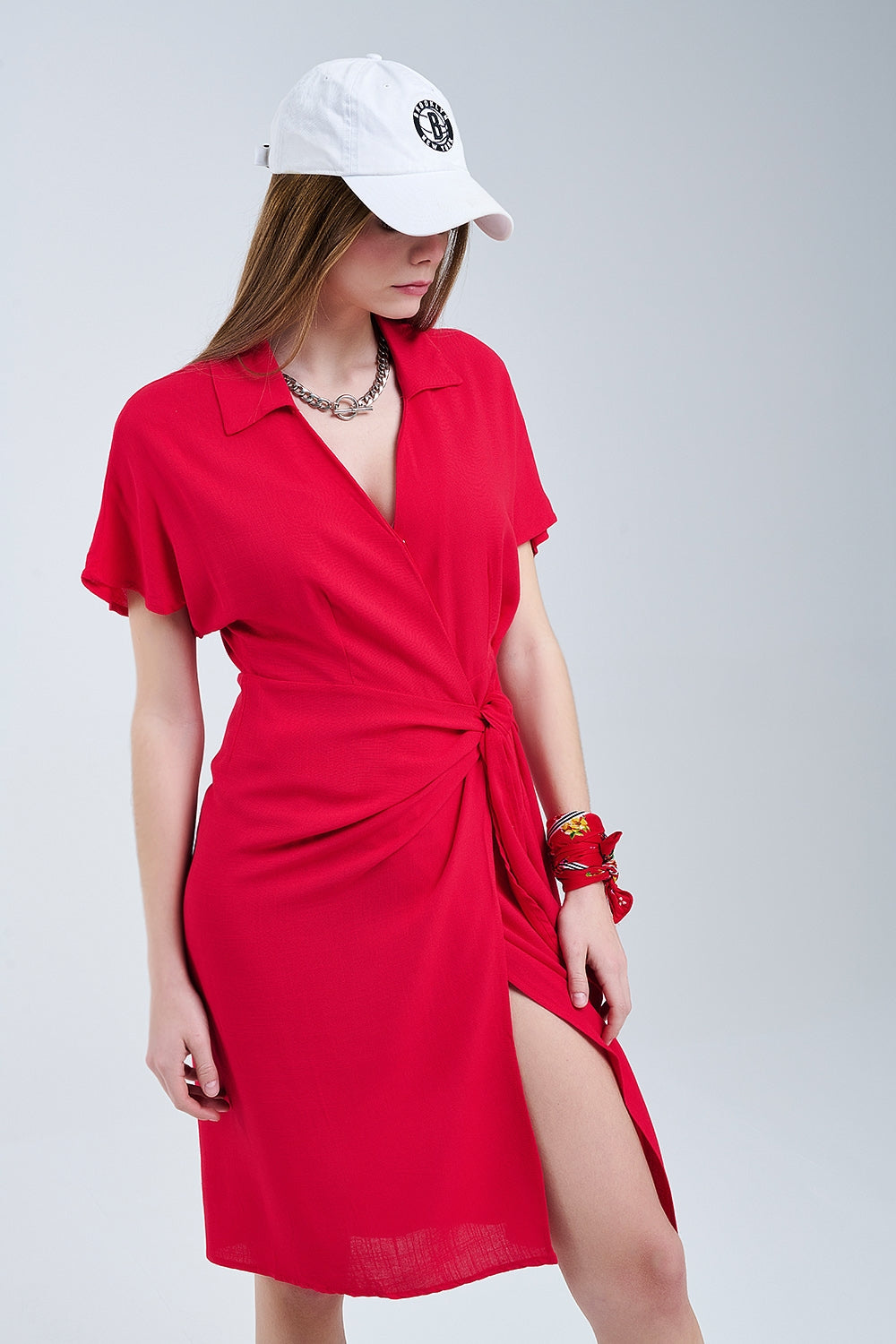 Red Midi Dress With Bow at the Side