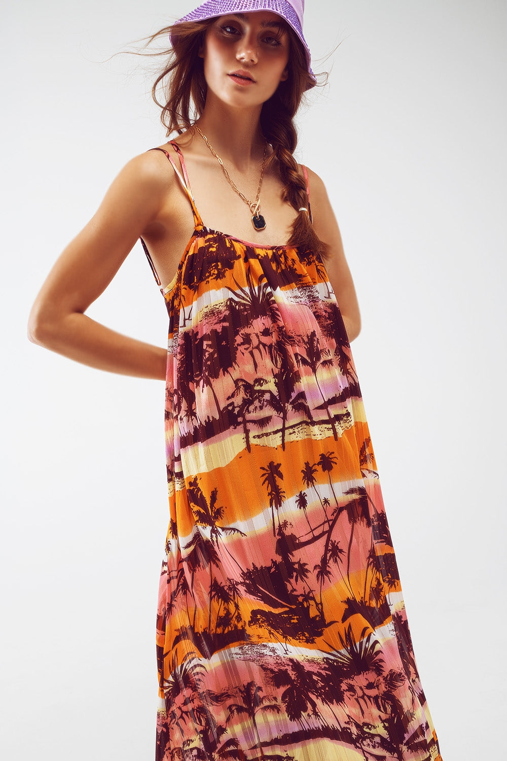 Relaxed Open Back Maxi Dress in Tropical Pink Print