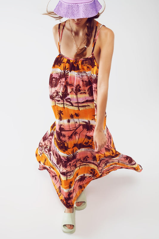 Relaxed Open Back Maxi Dress in Tropical Pink Print
