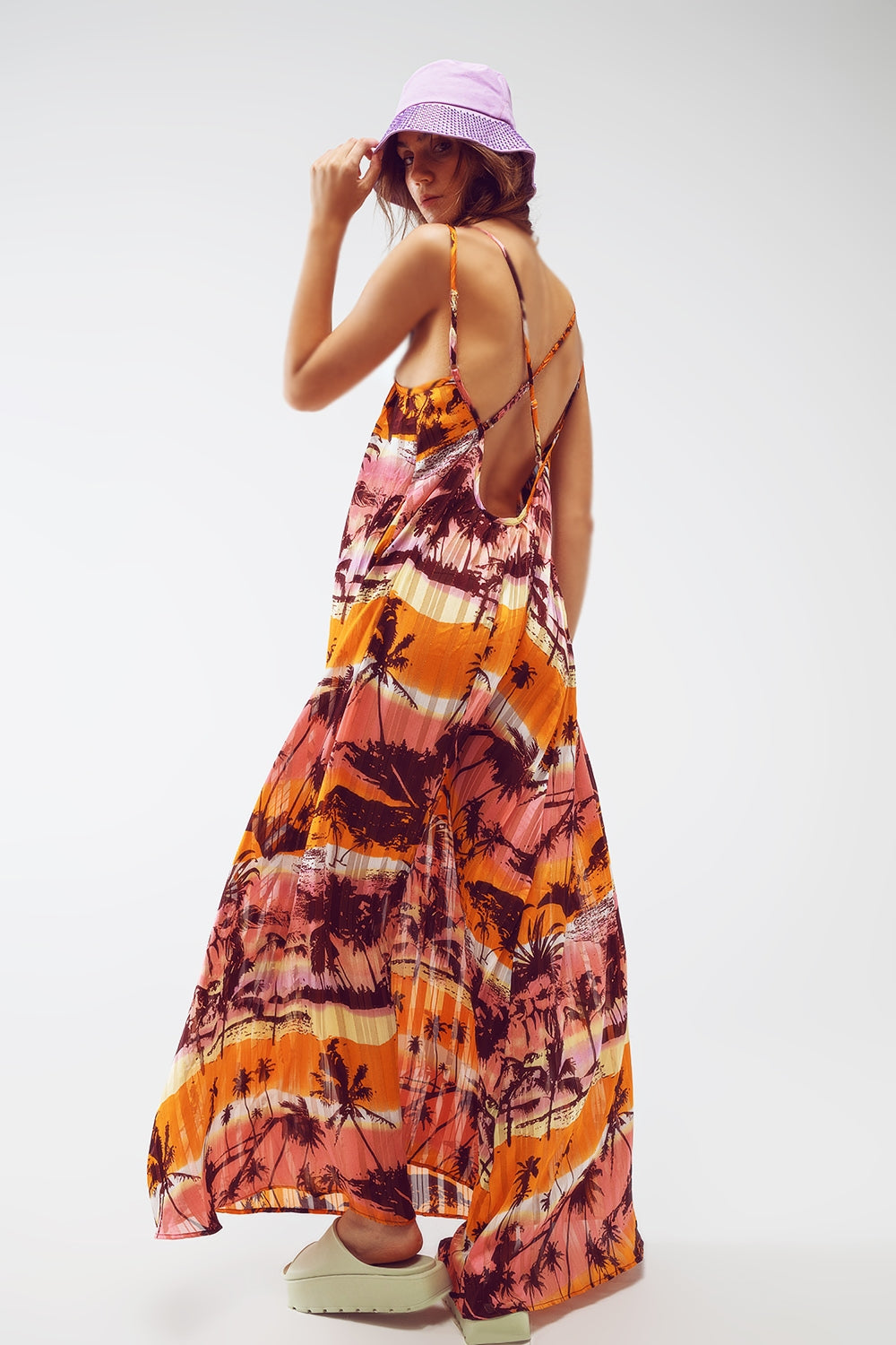 Relaxed Open Back Maxi Dress in Tropical Pink Print