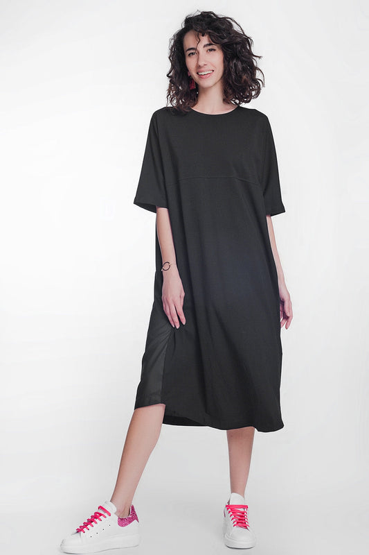 Round Neck Poplin T-Shirt Dress in Black