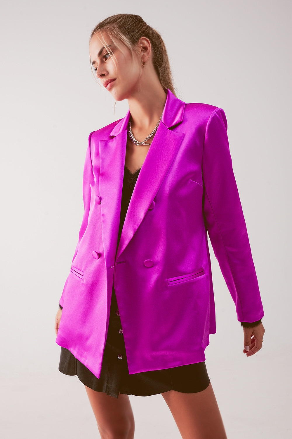 Satin Double Breasted Suit Blazer in Fuchsia