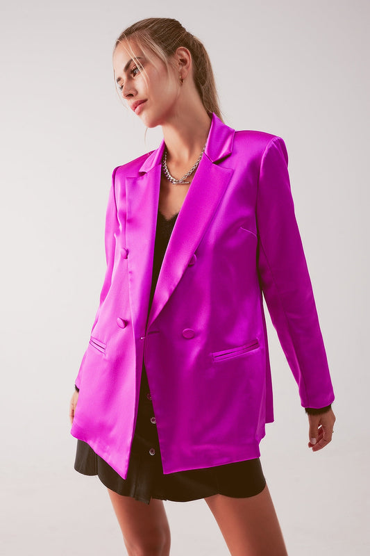 Satin Double Breasted Suit Blazer in Fuchsia