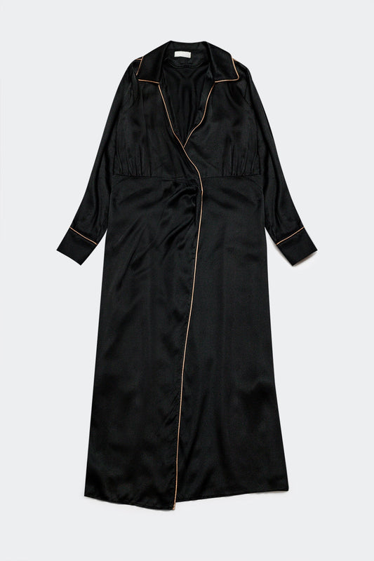 Satin Wrap Front Maxi Dress in Black Satin