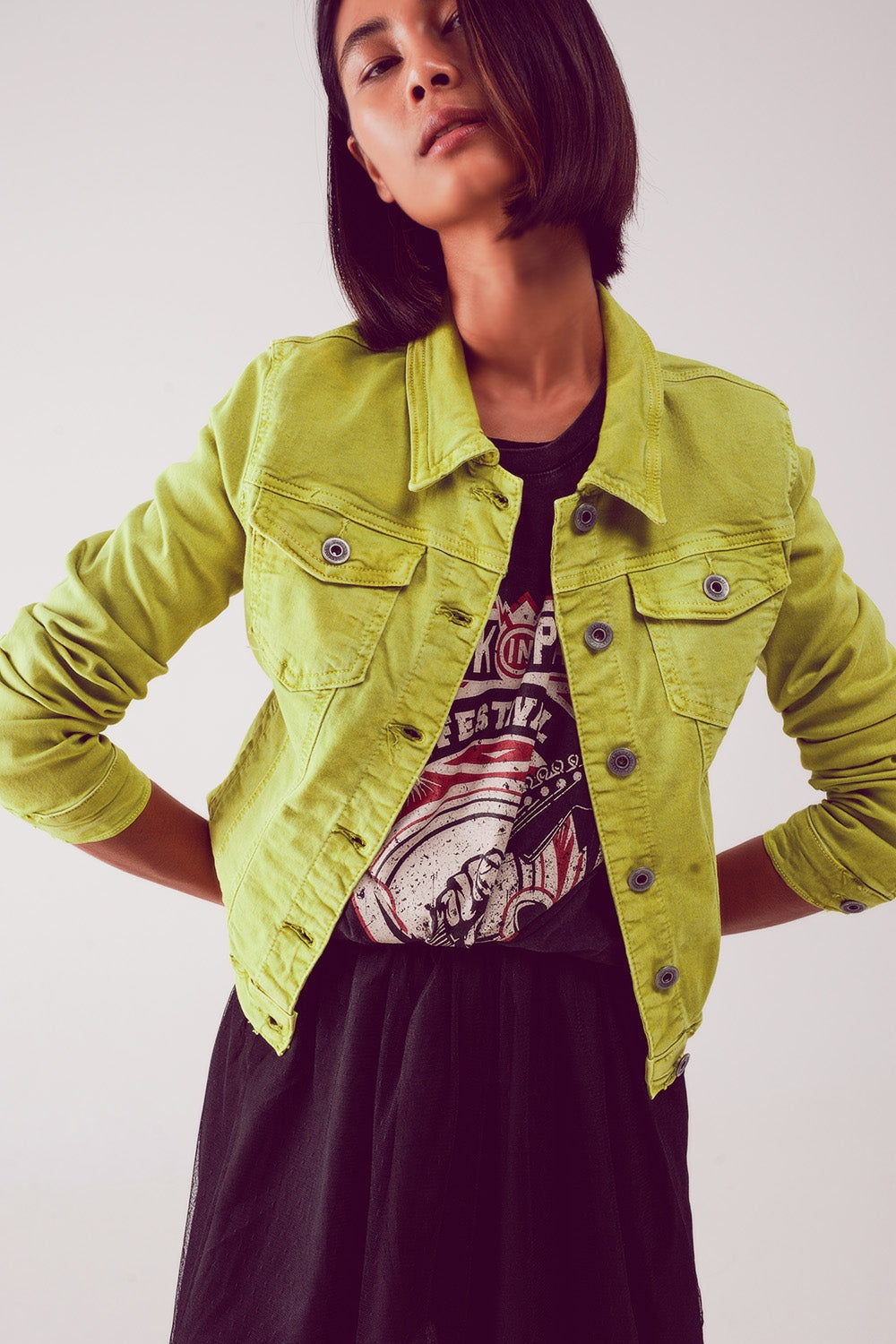 Slim Denim Trucker Jacket in Acid Lime