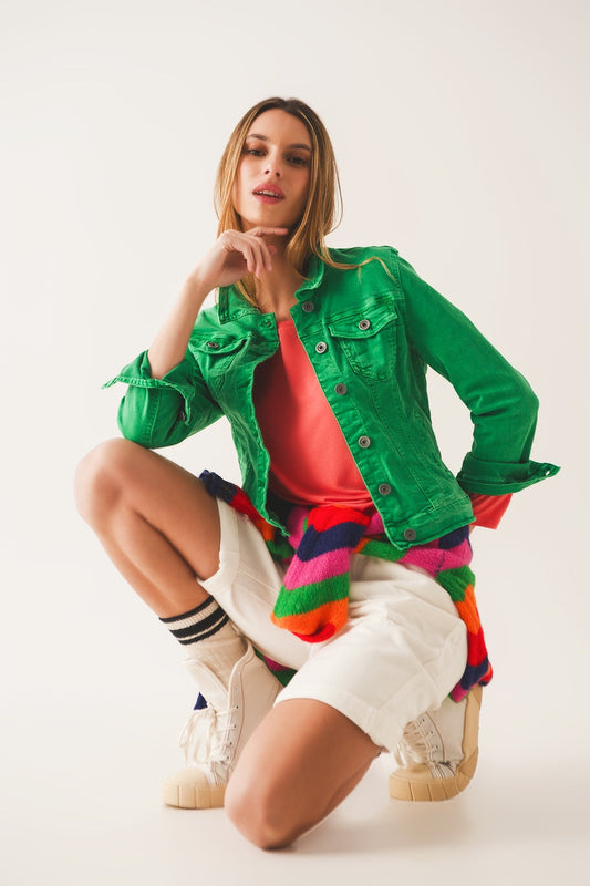 Slim Denim Trucker Jacket in Bright Green