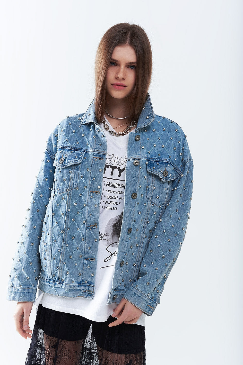 Wide Denim Jacket With Rhinestones in a Diamond Pattern