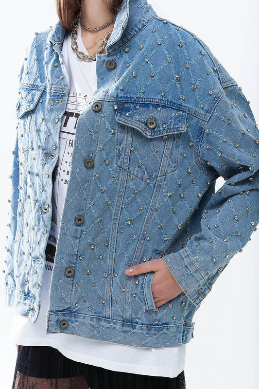 Wide Denim Jacket With Rhinestones in a Diamond Pattern