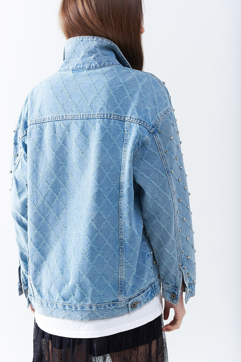 Wide Denim Jacket With Rhinestones in a Diamond Pattern
