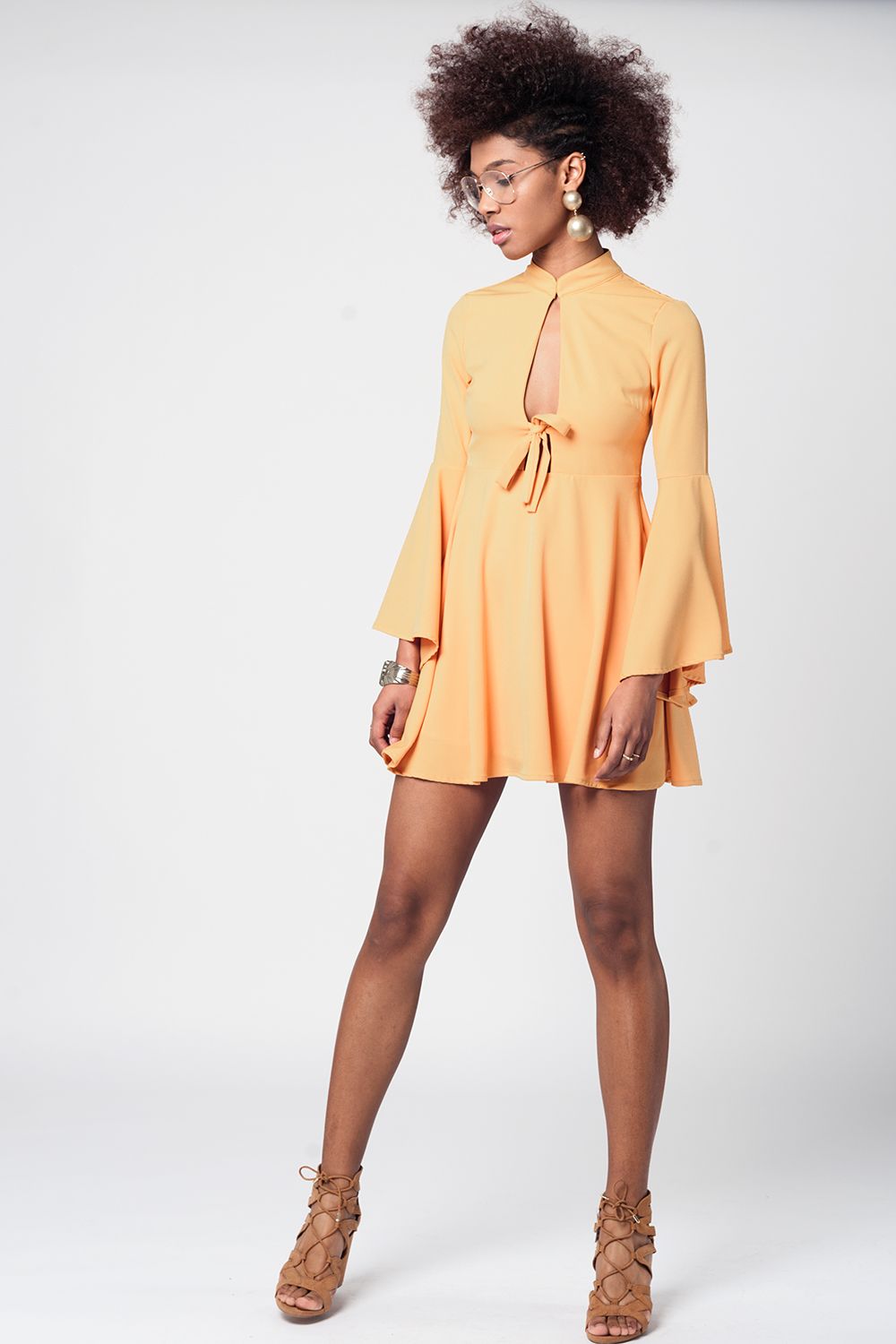Yellow Bell Sleeve Plunge Dress